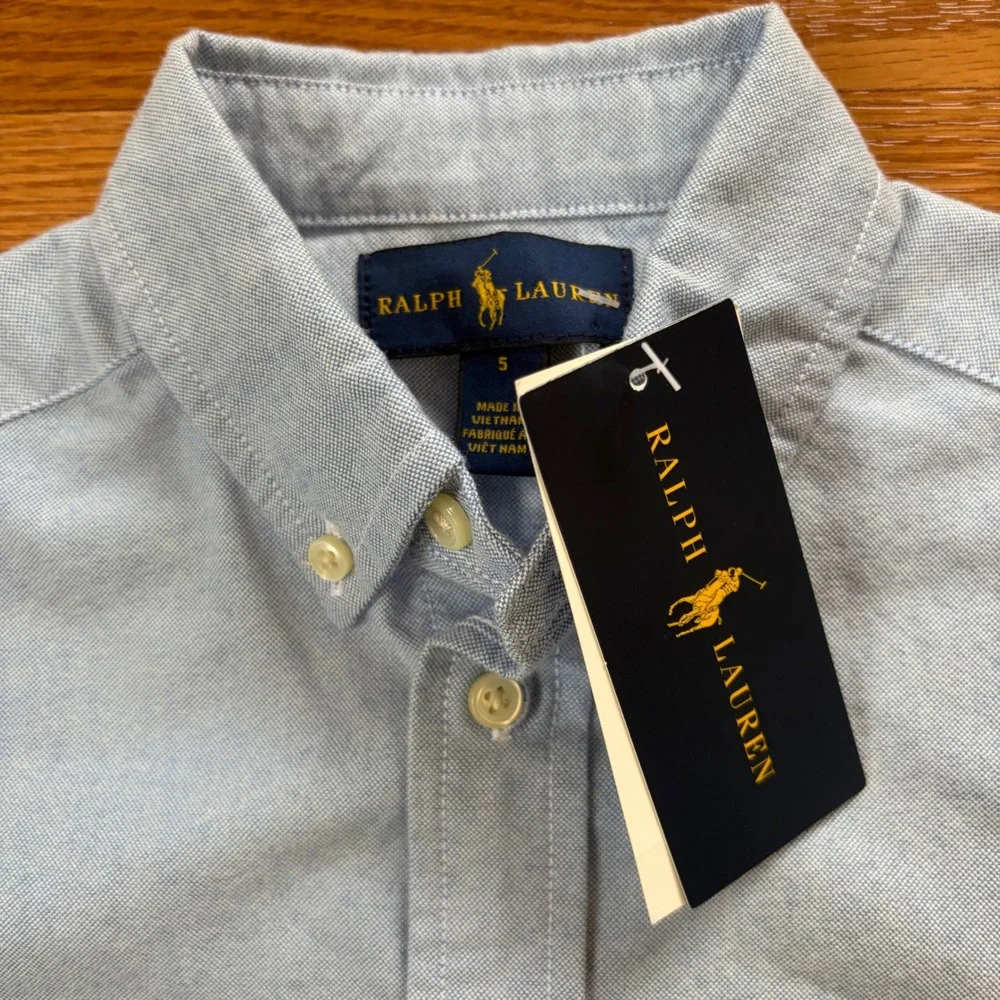 NWT Ralph Lauren Boys Blue Cotton Oxford Long Sleeve Button Down Shirt Size 5